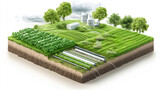 Sustainable farming practices illustrated in a 3D cross-section of agricultural land, AI