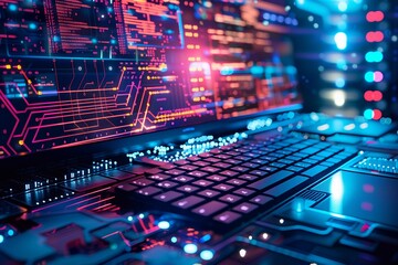A vibrant display of a computer interface with glowing circuits illuminated by dynamic lights