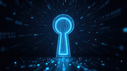Blue digital key with technology and security theme.