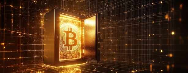 Wall Mural - A digital illustration of an open safe with the Bitcoin symbol on its door