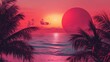 © pentolo - A large, vibrant red sun sets over a tropical ocean, silhouetted by palm trees, creating a dreamy and ethereal landscape.