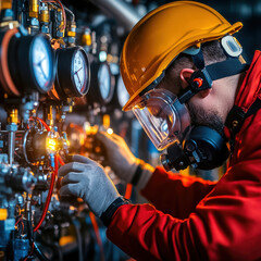 Wall Mural - Close up of engineer checking pressure levels in industrial setting, wearing safety helmet and protective gear. focused expression highlights importance of safety and precision in engineering tasks