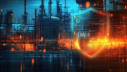 Wall Mural - A digital shield protecting an industrial plant against cyber threats