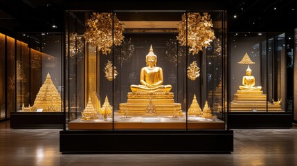 Golden Buddha Statues in Museum Display