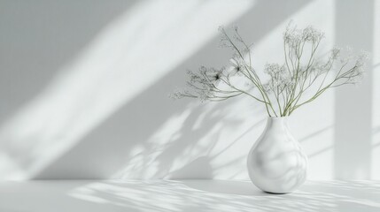 Poster - White flowers in a vase against a white wall with sunlight shining through a window