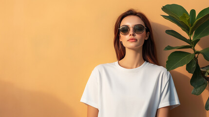 stylish woman wearing sunglasses stands against warm orange wall, exuding confidence and relaxed vib