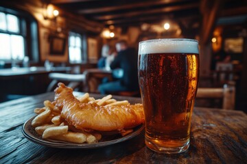 Wall Mural - Pint of amber British Ale on rustic pub table with fish and chips, cozy English pub setting.

