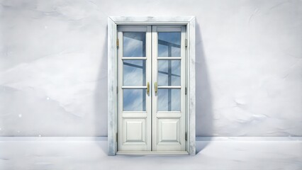 Sticker - White Double Door with Glass Panels and Gold Handles Against a White Wall