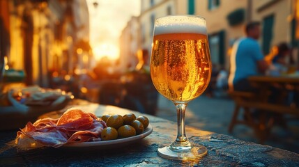 Wall Mural - Chilled Italian Lager with condensation, next to olives and prosciutto, warm sunset light in Italian piazza.

