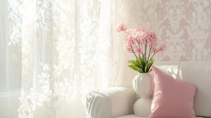 Poster - Pink flowers in a white vase on a white couch in a white room.