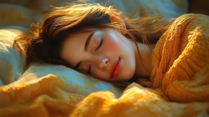 Wall Mural - woman peacefully sleeping on a cozy bed, serene expression on her face, enveloped in soft blankets, conveying tranquility and restful moments in a warm environment