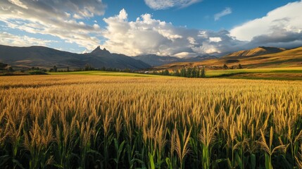 Wall Mural - A field of corn is shown with a cloudy sky in the background