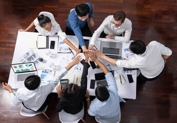 Aufkleber - Top view diverse office worker join hand together in office room symbolize business synergy and strong productive teamwork in workplace. Cooperation and unity between business employee. Prudent