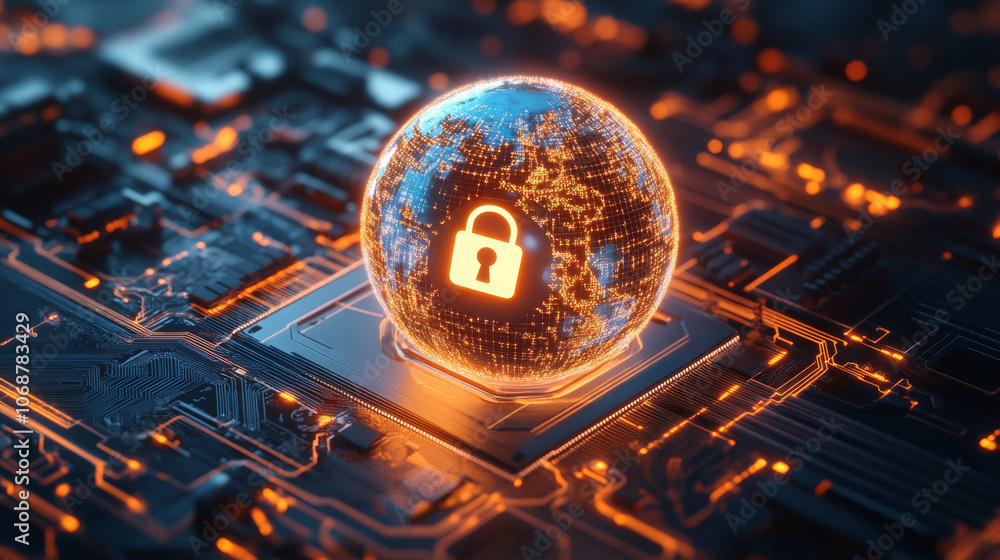 digital globe with lock symbol represents cybersecurity and data ...