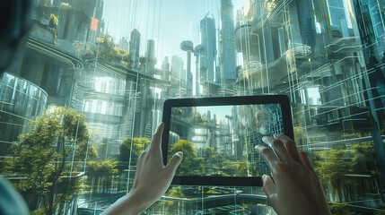 Wall Mural - augmented reality overlay on tablet showing a futuristic cityscape, blending digital technology with