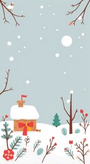 Cartoon winter landscape with a red-roofed house and snow falling.