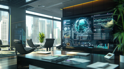Wall Mural - interactive touchscreen with a digital interface for data analytics, surrounded by documents and mod