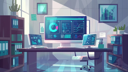 Wall Mural - interactive touchscreen with a digital interface for data analytics, surrounded by documents and mod