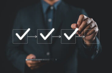 Fototapete - Checklist, Workflow Process for Quality Assurance. Marks checkboxes in digital checklist, step-by-step workflow process for quality assurance, document control, focusing on systematic task completion.