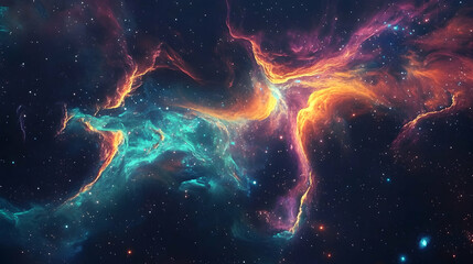 Wall Mural - dynamic nebula with swirling blue, orange, and purple clouds, resembling a cosmic explosion in deep 