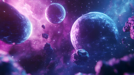 Wall Mural - a vibrant, cosmic scene with purple planets and stars, set against a bright magenta nebula