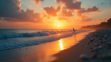 Wall Mural - A Peaceful Beach Scene With Gentle Waves, Seagulls, and a Colorful Sunset Captured With a Wide-Angle Lens, Using Warm and Vibrant Film to Create a Serene and Inviting Atmosphere