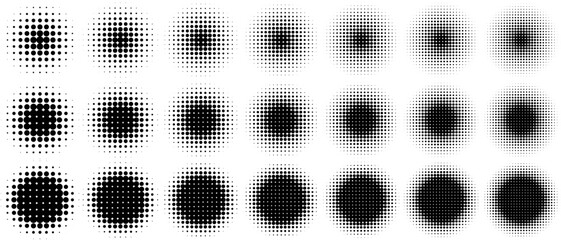 halftone gradient circle set in black and white pop art comic style. vector illustrations isolated o