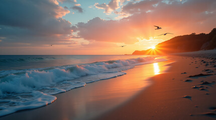 Wall Mural - A Peaceful Beach Scene With Gentle Waves, Seagulls, and a Colorful Sunset Captured With a Wide-Angle Lens, Using Warm and Vibrant Film to Create a Serene and Inviting Atmosphere