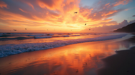 Wall Mural - A Peaceful Beach Scene With Gentle Waves, Seagulls, and a Colorful Sunset Captured With a Wide-Angle Lens, Using Warm and Vibrant Film to Create a Serene and Inviting Atmosphere