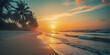 © icemanphotos - Island palm tree sea sand beach. Panoramic shore landscape. Inspire tropical coast seascape horizon. Orange golden sunset sky calmness tranquil relax summer mood. Vacation travel tourism. Generated Ai