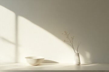 Poster - Simple, elegant, and minimalist still life with dried flowers in a vase and a white bowl in the sunlight