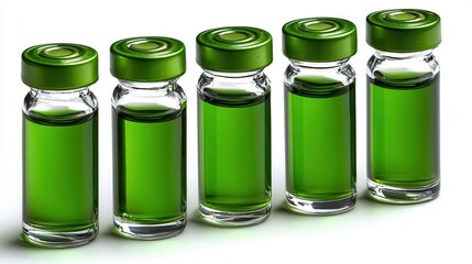 Five green glass vials with caps, filled with liquid, white isolated background.