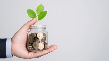 A hand holds a jar filled with coins and a sprouting plant, symbolizing growth, investment, and sustainability.