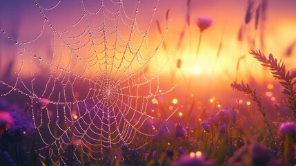 dewdrops glistening on an intricate spider web at dawn capturing the beauty of nature s delicate des