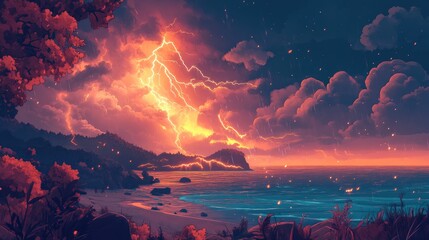 Wall Mural - Dramatic autumn thunderstorm illuminated by lightning over the sea capturing nature s raw power and beauty