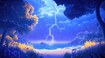 Wall Mural - Dramatic autumn thunderstorm illuminated by lightning over the sea capturing nature s raw power and beauty