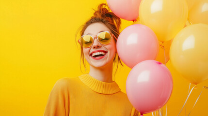 Joyful young woman celebrating spring with colorful balloons against a vibrant yellow backdrop