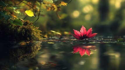 Sticker - Autumn Leaf Floating on a Still Pond