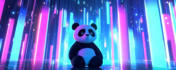 Aufkleber - Panda toy in neon lights, digital art. Futuristic and playful concept