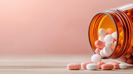 A brown glass container tips over with various colored tablets spilling out on a wooden surface, against a calming peach background indicating wellness and security.