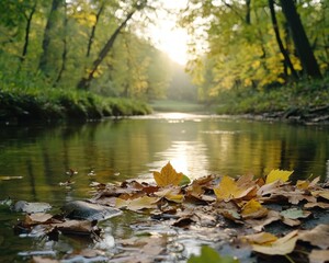 Canvas Print - Tranquil Morning Glow at Sunrise Serene Light Illuminates a Calm Stream with Golden Leaves, Peaceful Beginning of Day in Nature Photography