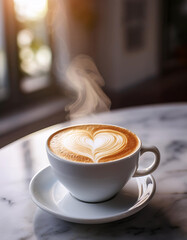 Wall Mural - A steaming cup of cappuccino with a heart-shaped latte art design on a marble table