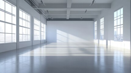 Poster - Empty white room with large windows and natural sunlight. Perfect for photography backdrops or minimalist interior design inspiration.