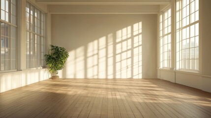 Poster - Empty room with large windows and wooden floor. Natural light casts shadows on the floor. Minimalist and modern interior design.