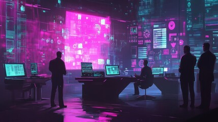 Four men stand in a futuristic control room illuminated by glowing neon screens displaying data.