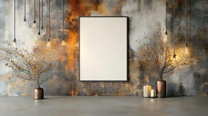 Wall Mural - stylish interior with blank frame, warm lighting, and decorative elements