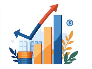 A colorful graphic depicting a rising bar chart and coins, symbolizing financial growth and success.