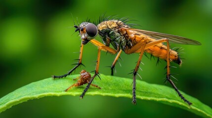 Close-Up of a Robber Fly on a Green Leaf
