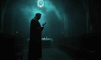 Canvas Print - A priest stands in a dark church, holding a book.