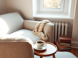 Cozy living room with a comfortable chair, warm sunlight, and a cup of coffee on a wooden table beside a stack of books